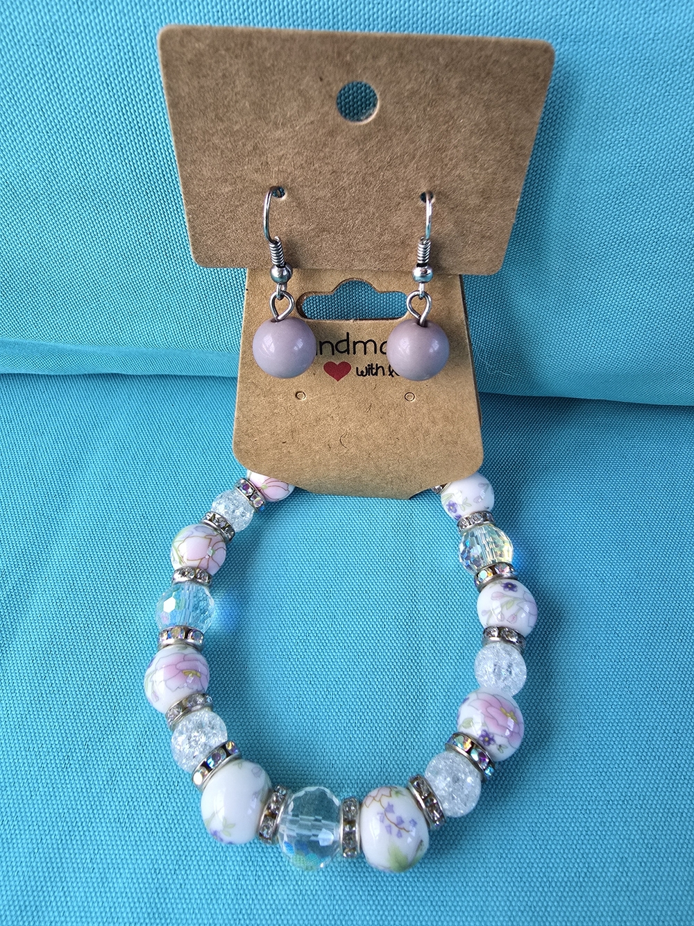 Handmade Pink Floral Bead Bracelet and Earring Set